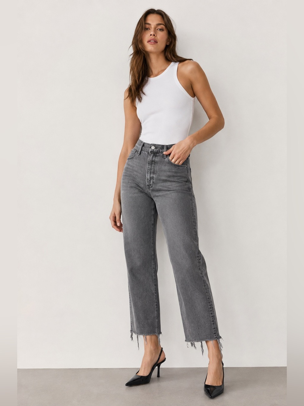 Good American Good Classic Raw Hem Cropped Straight Jeans Gray Size 4/27